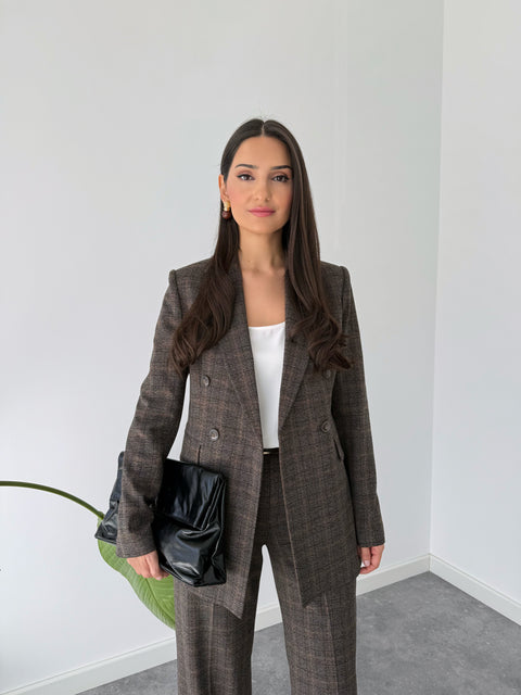 EKOSE DESEN BLAZER CEKET KAHVE