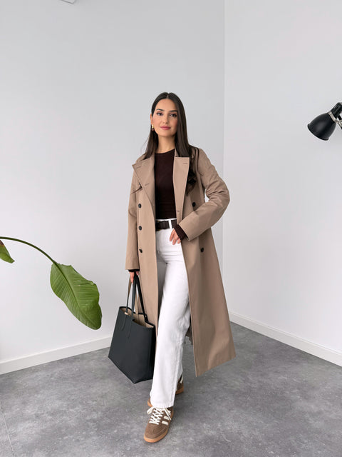 BELİ KUŞAKLI DÜĞME DETAY TRENÇKOT KOYU BEJ