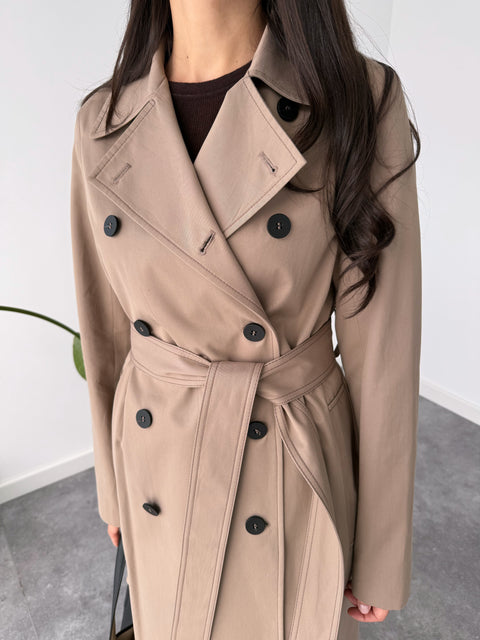 BELİ KUŞAKLI DÜĞME DETAY TRENÇKOT KOYU BEJ
