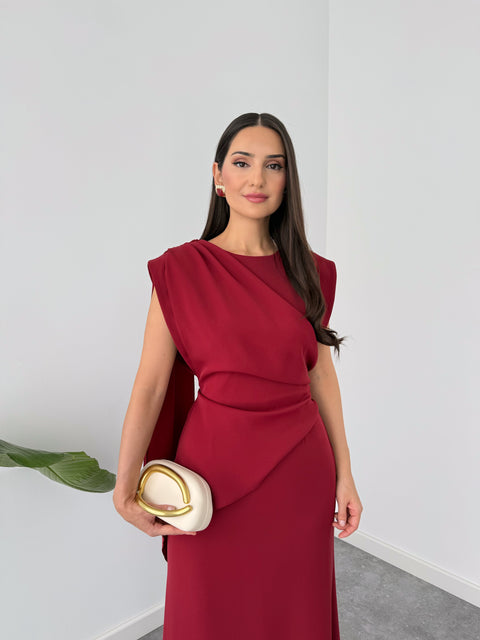 OMZU ŞAL DETAY DÖKÜMLÜ ELBİSE BORDO