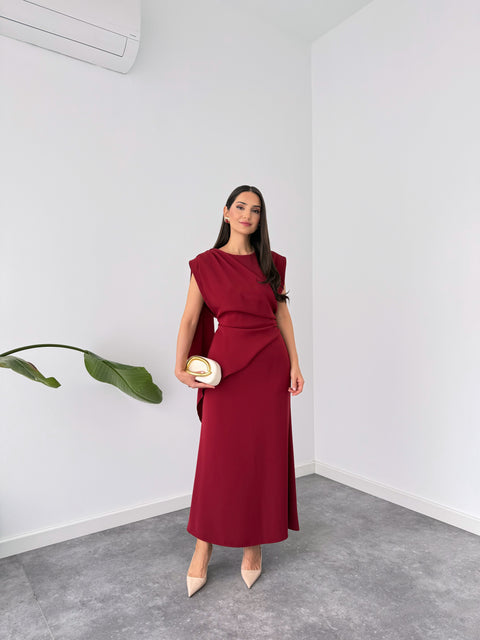 OMZU ŞAL DETAY DÖKÜMLÜ ELBİSE BORDO