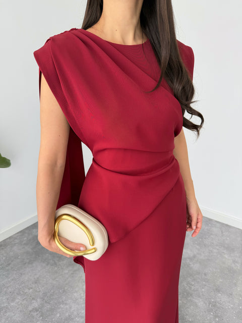 OMZU ŞAL DETAY DÖKÜMLÜ ELBİSE BORDO