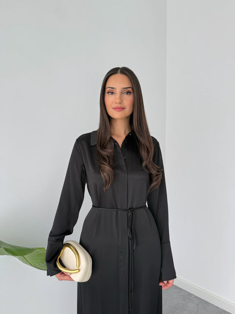 %100 RAYON SATEN IŞILTILI MAKSİ BOY GÖMLEK ELBİSE SİYAH