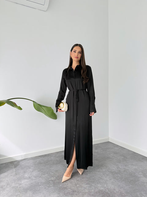 %100 RAYON SATEN IŞILTILI MAKSİ BOY GÖMLEK ELBİSE SİYAH