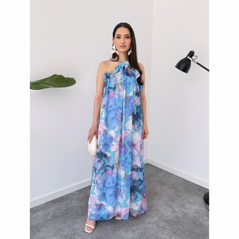 FLORAL DESEN VOLAN DETAYLI ŞİFON ELBİSE