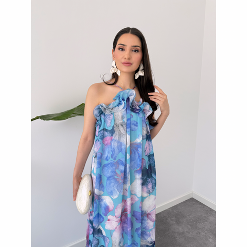 FLORAL DESEN VOLAN DETAYLI ŞİFON ELBİSE