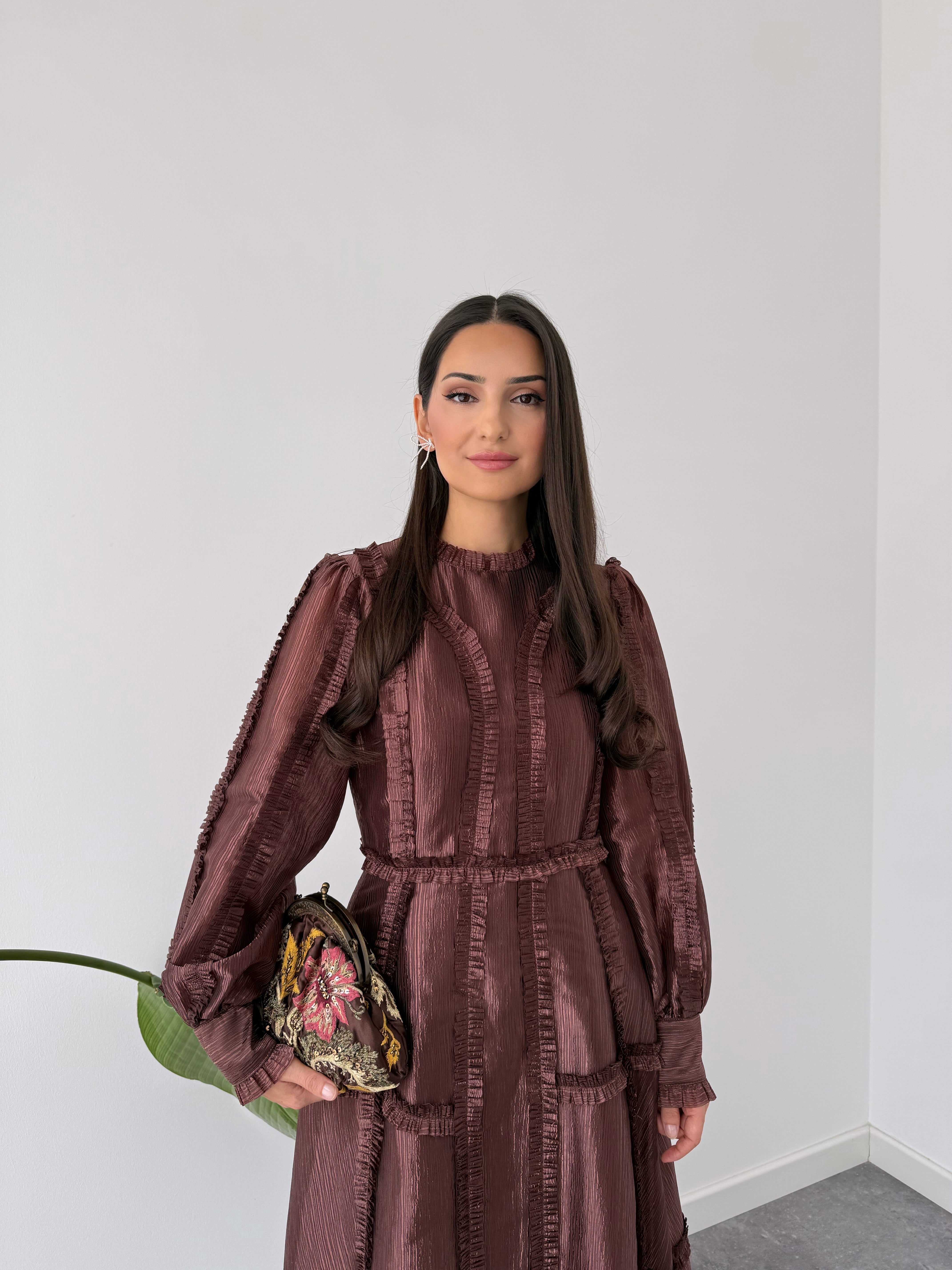 ELIZA FIRFIR DETAYLI ELBİSE KAHVE
