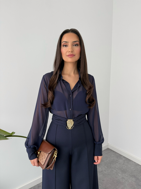 YAKA DETAYLI TRANSPARAN GÖMLEK LACİVERT