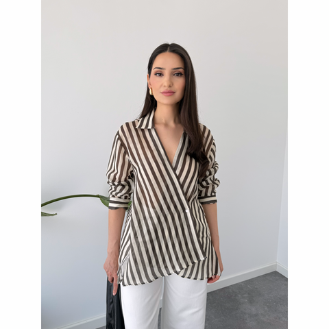 ÇİZGİLİ KRUVAZE MODEL %100 RAMİ GÖMLEK