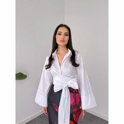 Double Breasted Model Tied Shirt White