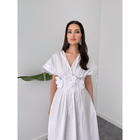 VALERİA ÇİÇEK APLİKELİ ELBİSE BEYAZ