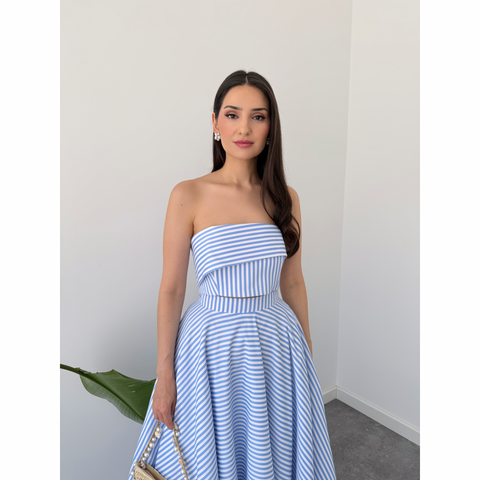 ÇİZGİ DETAY ASİMETRİK YAKA BÜSTİYER MAVİ