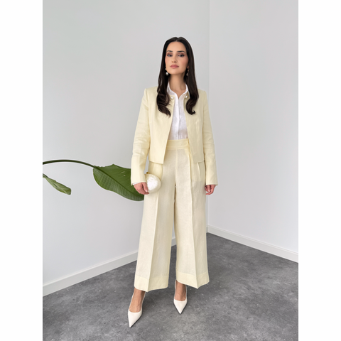 İNCİ DÜĞMELİ %100 KETEN TAKIM SARI