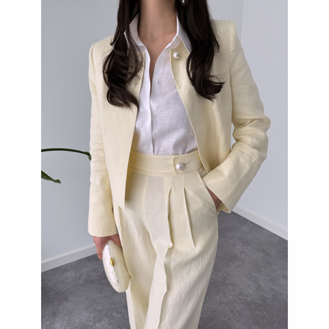 İNCİ DÜĞMELİ %100 KETEN TAKIM SARI