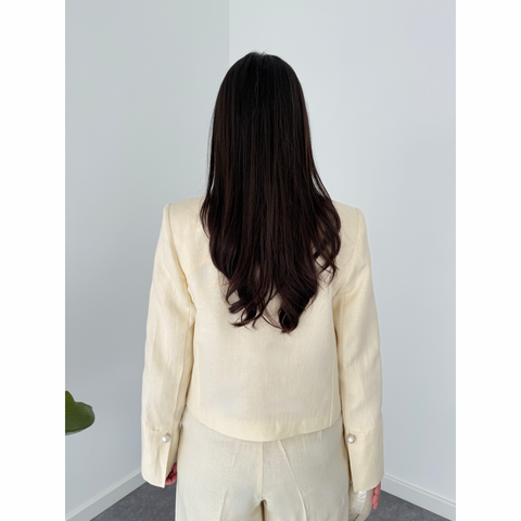 İNCİ DÜĞMELİ %100 KETEN TAKIM SARI