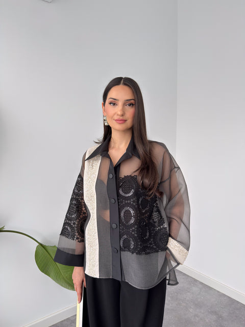 KUMAŞ MİX PAYETLİ TRANSPARAN TASARIM GÖMLEK