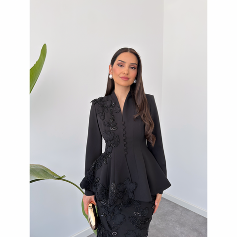 MİMOSA NAKIŞLI ETEK VE CEKET TAKIM SİYAH