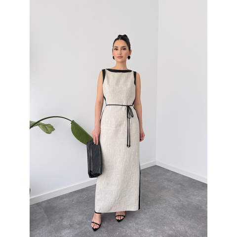 KONTRAST ŞERİT DETAYLI %100 KETEN ELBİSE