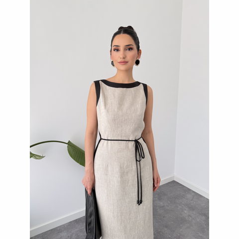 KONTRAST ŞERİT DETAYLI %100 KETEN ELBİSE