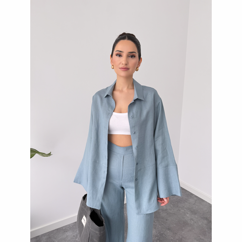 ELSA %100 KETEN GENİŞ MANŞETLİ GÖMLEK MAVİ
