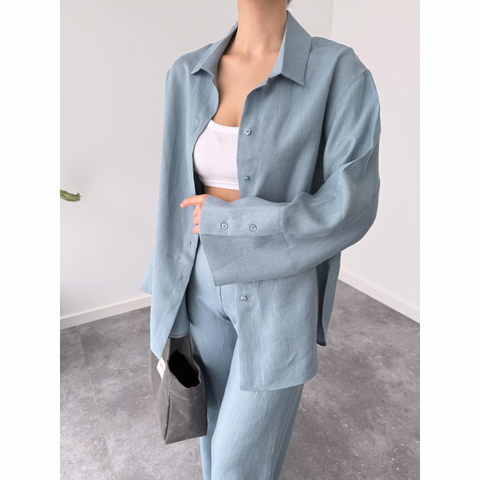 ELSA %100 KETEN GENİŞ MANŞETLİ GÖMLEK MAVİ