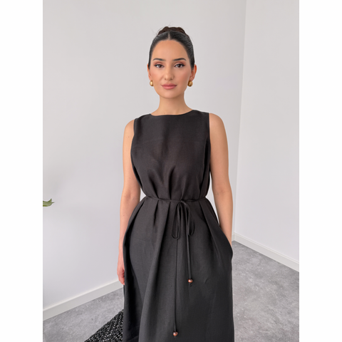 SIRT DEKOLTELİ %100 KETEN ELBİSE SİYAH