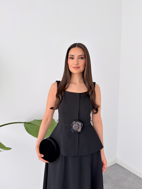 ÇİFT PARÇA GÖRÜNÜMLÜ ASKILI ELBİSE SİYAH