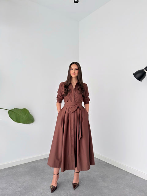 BELİ KUŞAK DETAY GÖMLEK ELBİSE KAHVE