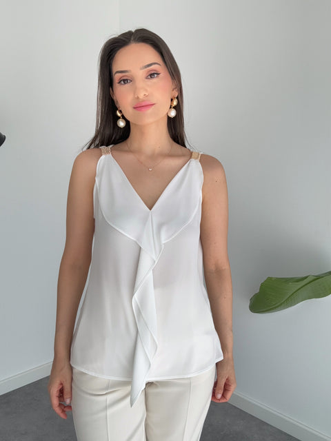 OMUZLARI AKSESUAR DETAYLI V YAKA BLUZ EKRU