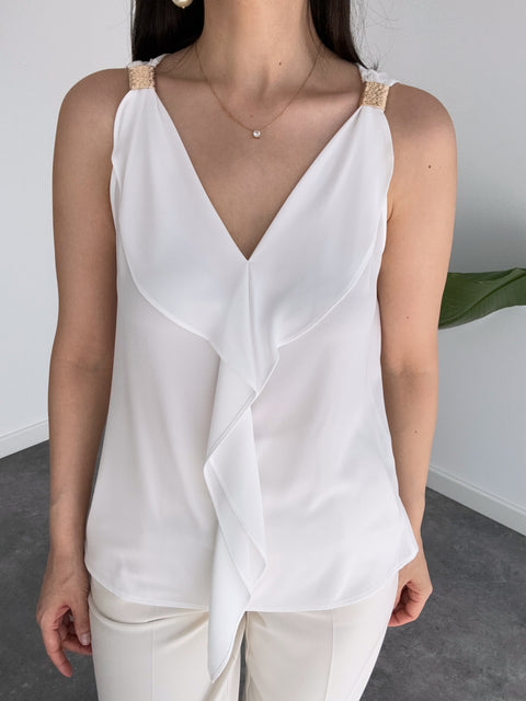 OMUZLARI AKSESUAR DETAYLI V YAKA BLUZ EKRU