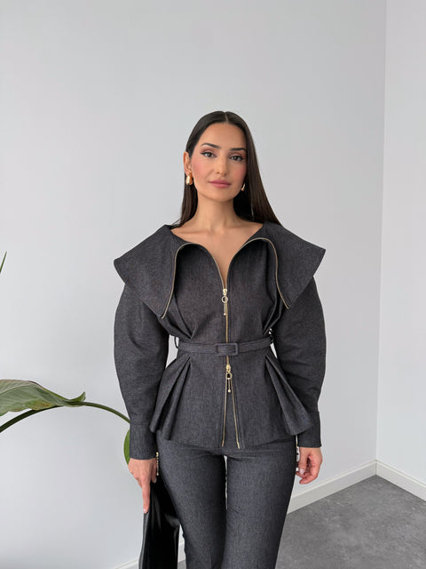 JANE YAKA DETAY FERMUARLI DENİM CEKET GRİ