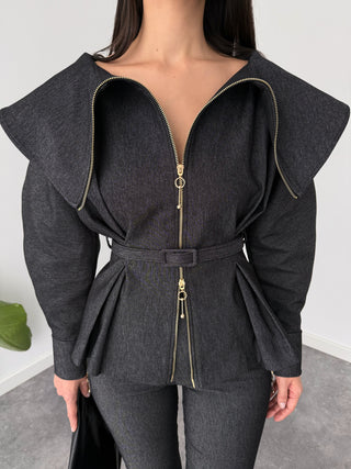 JANE YAKA DETAY FERMUARLI DENİM CEKET GRİ