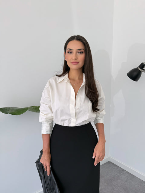 MANŞETLERİ TAŞLI OVERSİZE GÖMLEK EKRU