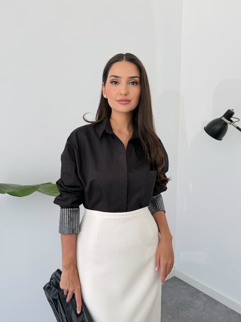 MANŞETLERİ TAŞLI OVERSİZE GÖMLEK SİYAH