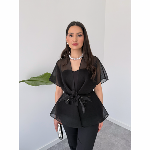 ÇİÇEK AKSESUARLI TRANSPARAN CEKET SİYAH