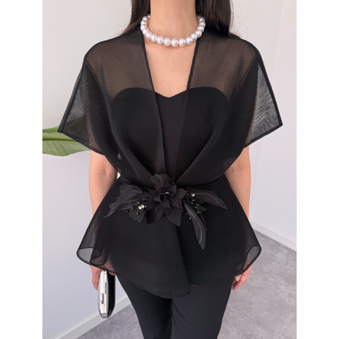 ÇİÇEK AKSESUARLI TRANSPARAN CEKET SİYAH