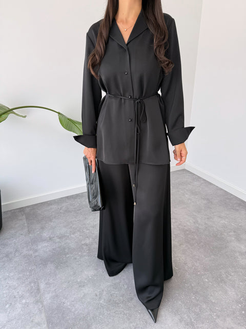 PAMUK SATEN YÜKSEK BEL GENİŞ PAÇA PANTOLON SİYAH