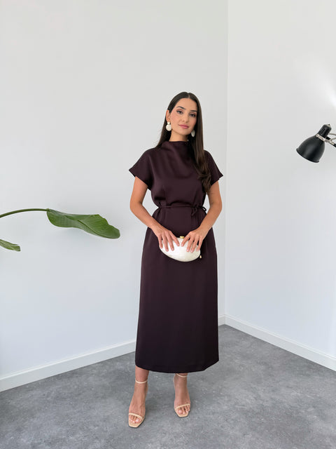 DİK YAKA PAMUK SATEN ELBİSE MOR