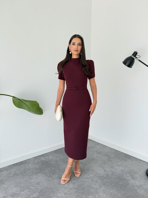 DİK YAKA KEMER DETAY KALEM ELBİSE BORDO