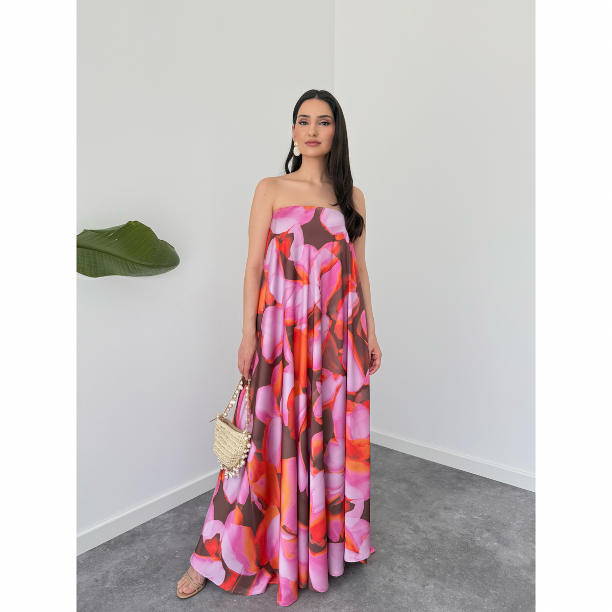 FLORAL DESEN STRAPLEZ ELBİSE
