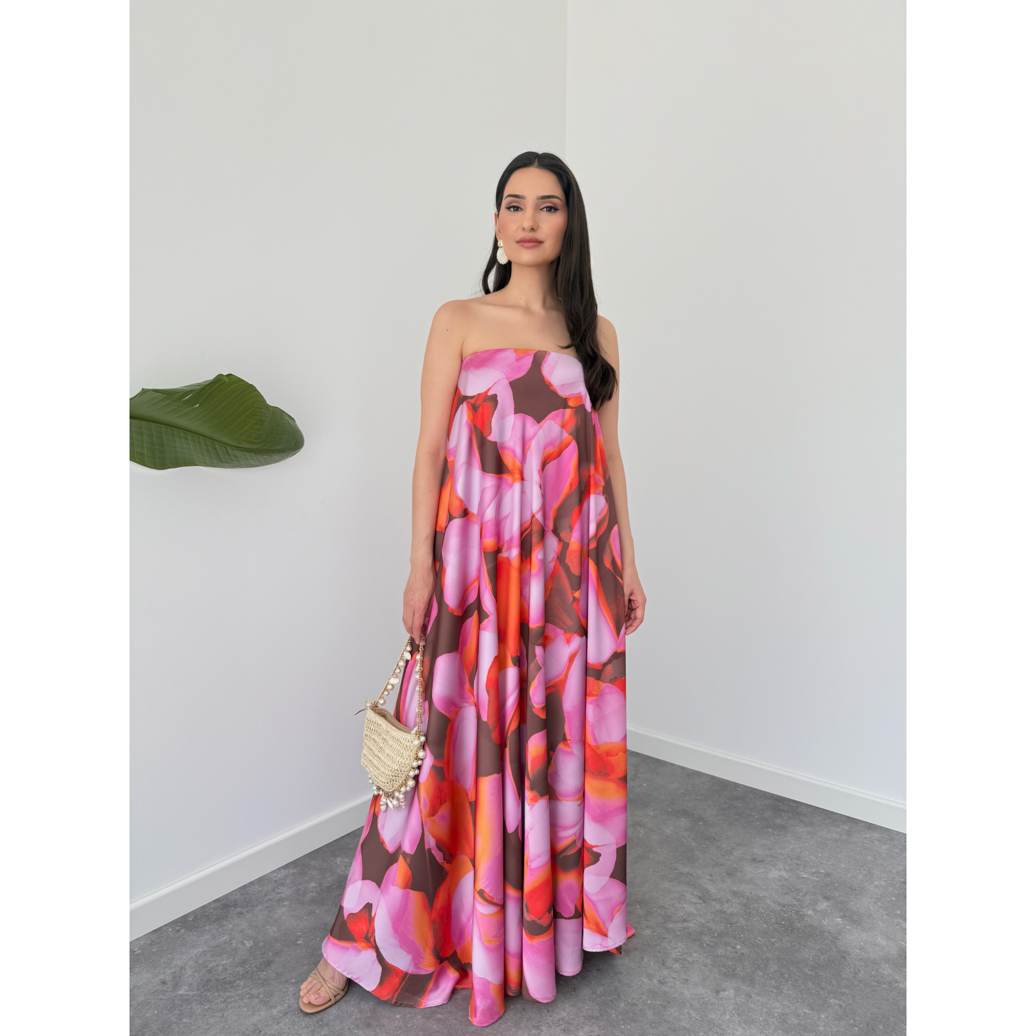 FLORAL DESEN STRAPLEZ ELBİSE