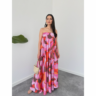 FLORAL DESEN STRAPLEZ ELBİSE