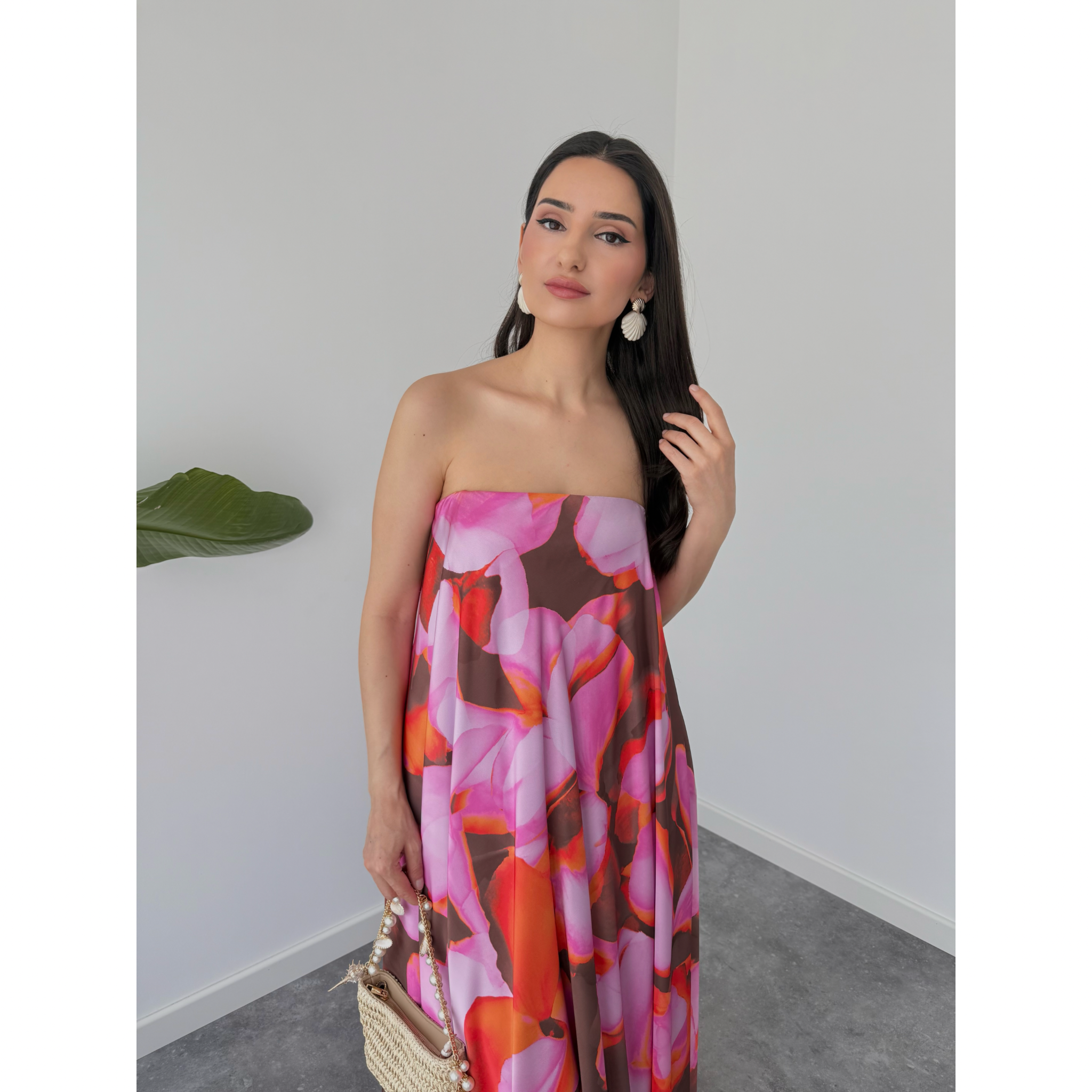 FLORAL DESEN STRAPLEZ ELBİSE