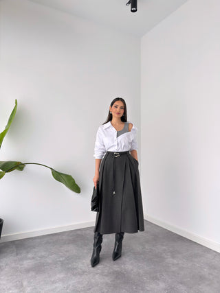 PİLE DETAY ÖNDEN YIRTMAÇLI KLOŞ ETEK ANTRASİT