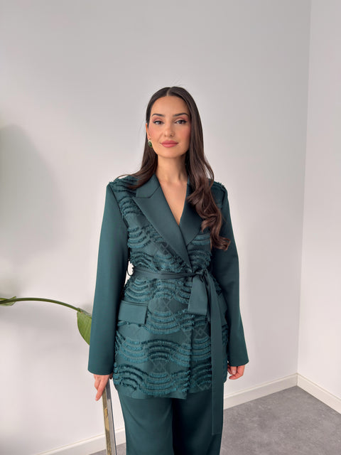 BELİ KUŞAK DETAY JAKARLI TAKIM YEŞİL