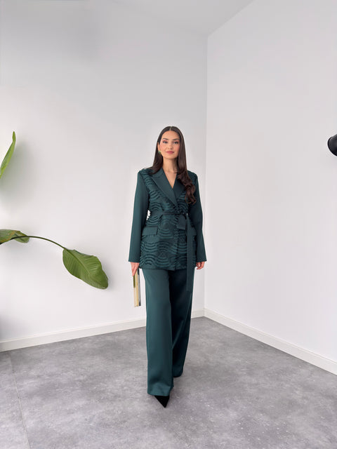 BELİ KUŞAK DETAY JAKARLI TAKIM YEŞİL