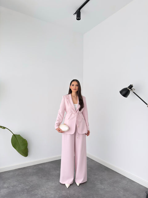 BELİ BAĞCIK DETAY CEKET VE PANTOLON TAKIM PEMBE