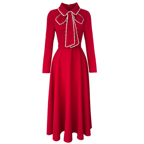 YAKASI İNCİ İŞLEMELİ ELBİSE KIRMIZI