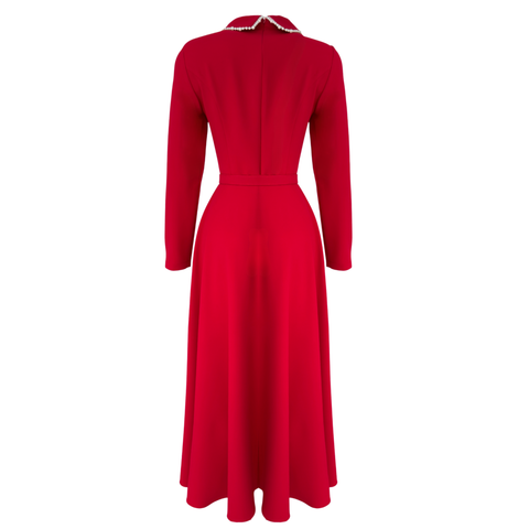 YAKASI İNCİ İŞLEMELİ ELBİSE KIRMIZI