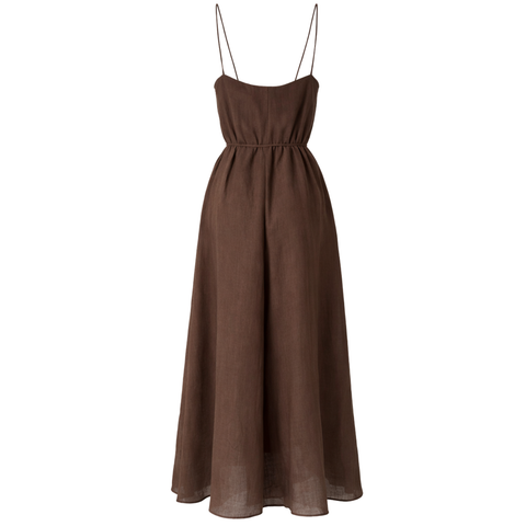 ÇİÇEK APLİKELİ İP ASKILI KETEN ELBİSE KAHVE